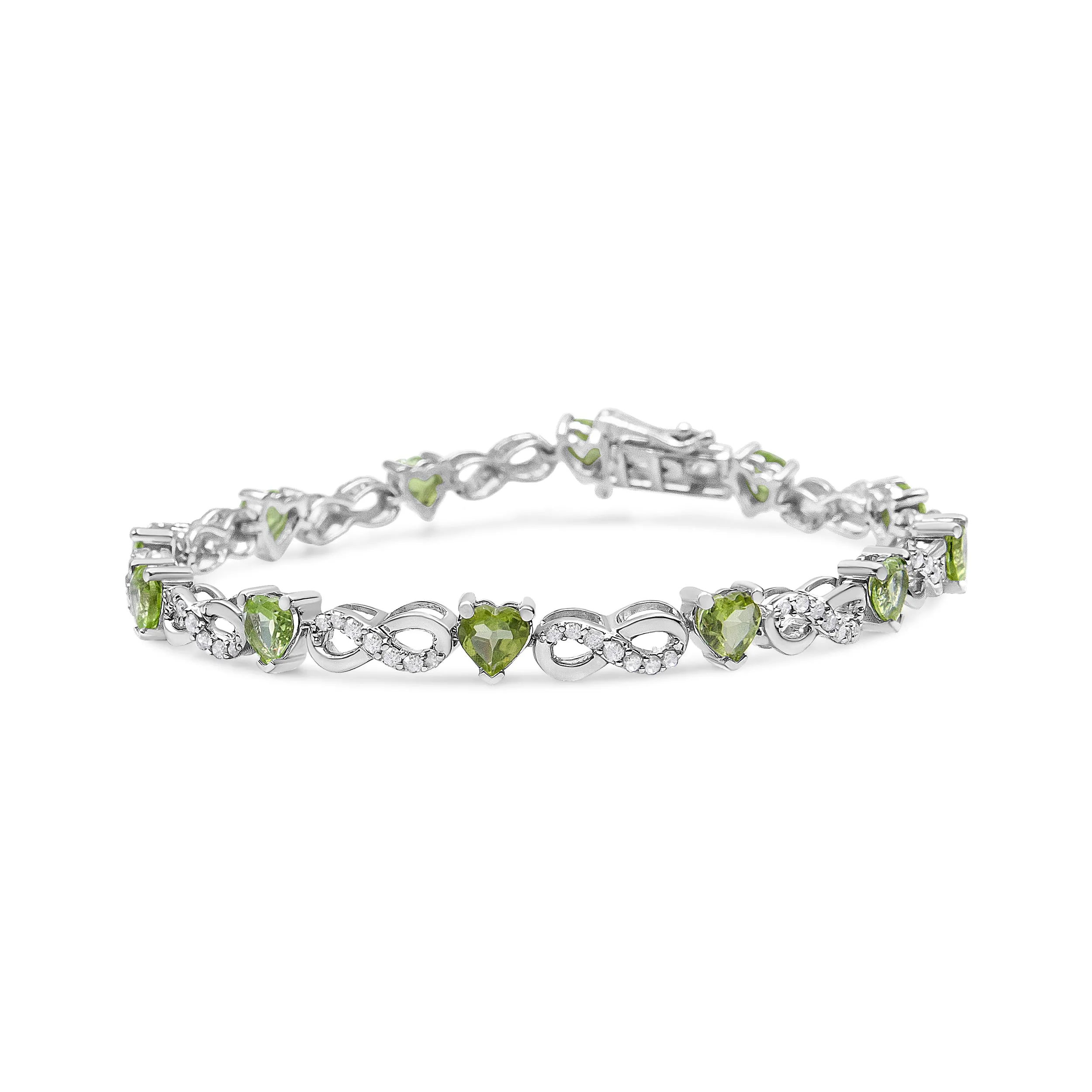 .925 Sterling Silver 1.00 Cttw Diamond and 4.00mm Lab Created Green Heart-Shaped Peridot Infinity Link Bracelet