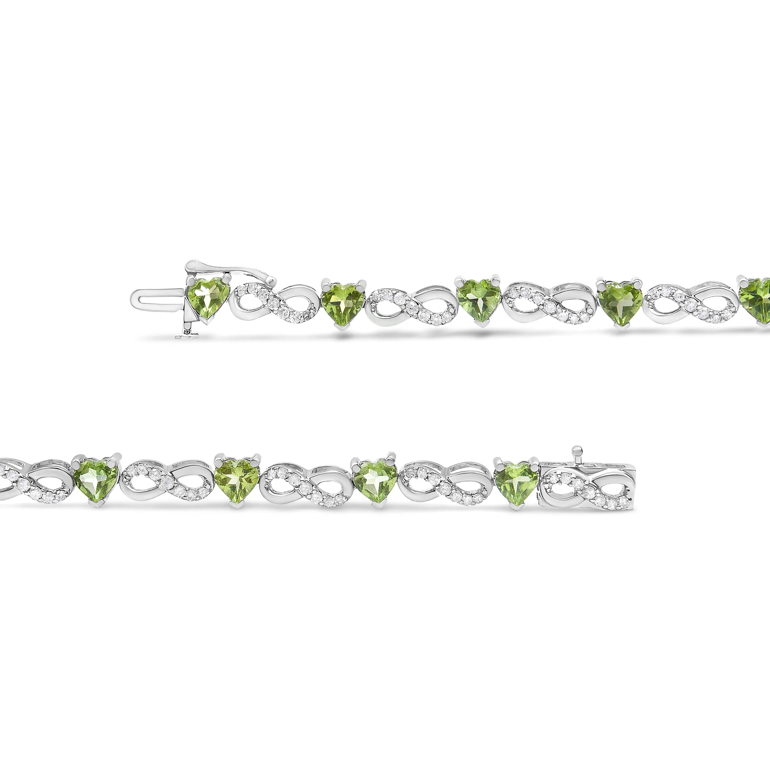 .925 Sterling Silver 1.00 Cttw Diamond and 4.00mm Lab Created Green Heart-Shaped Peridot Infinity Link Bracelet