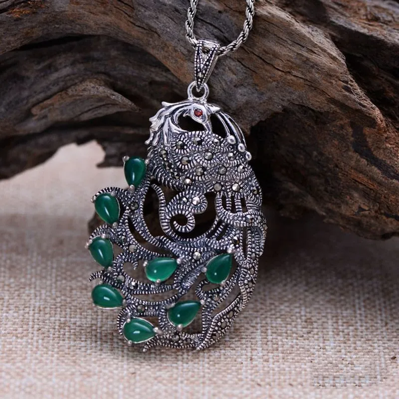 925 Sterling Silver Peacock Natural Gemstone Pendants