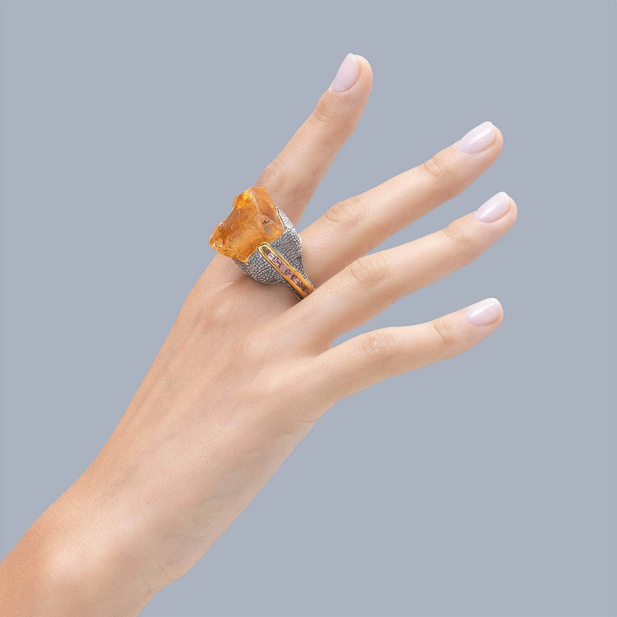 Almach Rough Citrine and Sapphire Ring