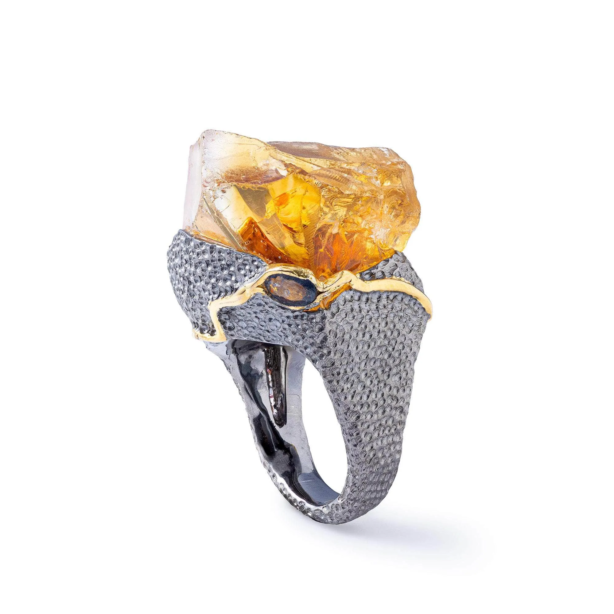 Almach Rough Citrine and Sapphire Ring