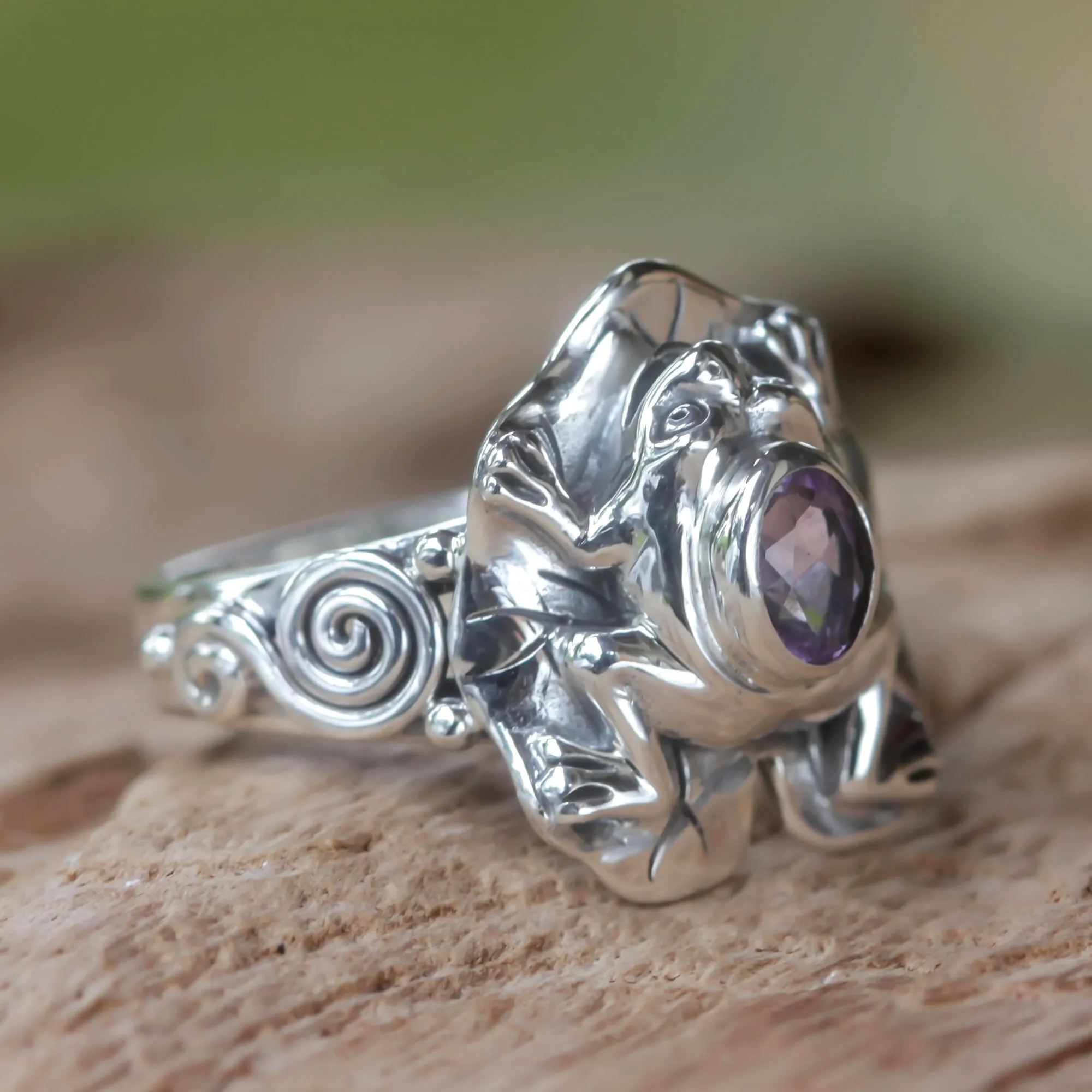 Amethyst and Silver Frog Cocktail Ring - Lilac Rainforest Frog | NOVICA