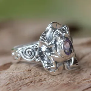 Amethyst and Silver Frog Cocktail Ring - Lilac Rainforest Frog | NOVICA