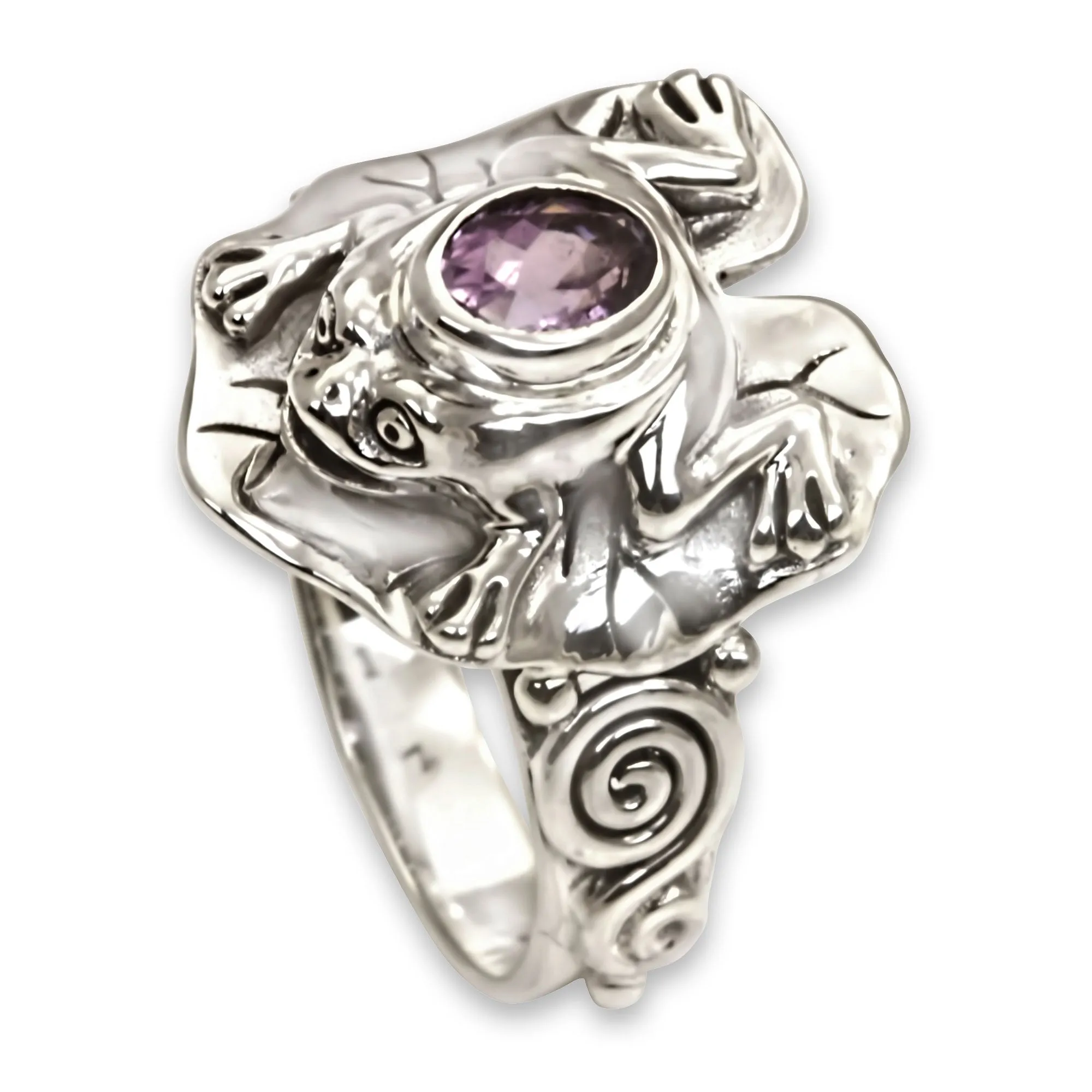 Amethyst and Silver Frog Cocktail Ring - Lilac Rainforest Frog | NOVICA