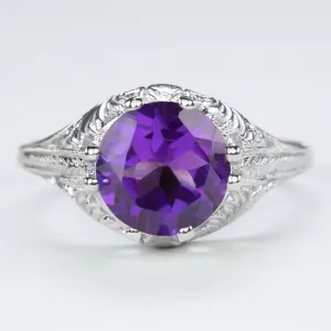 AMETHYST STERLING SILVER RING VINTAGE STYLE SOLITAIRE FILIGREE PURPLE ART DECO