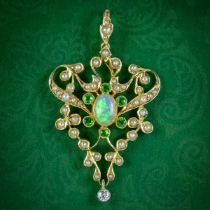 Antique Edwardian Opal Garnet Pearl Diamond Pendant 15ct Gold Circa 1905