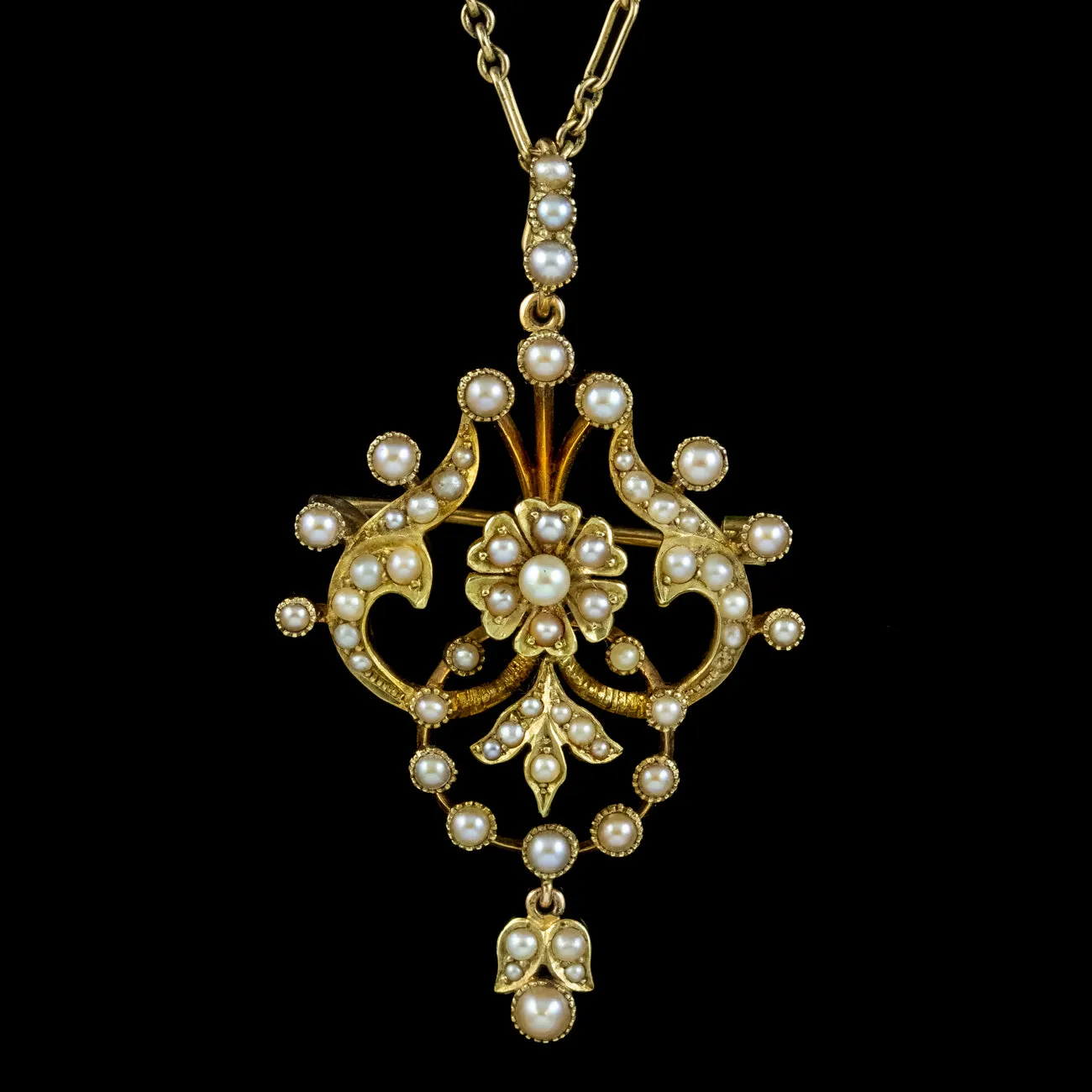 Antique Edwardian Pearl Pendant Necklace 15ct Gold