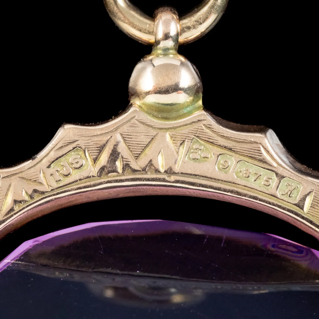 Antique Edwardian Purple Glass Swivel Fob Pendant 9ct Gold Dated 1910