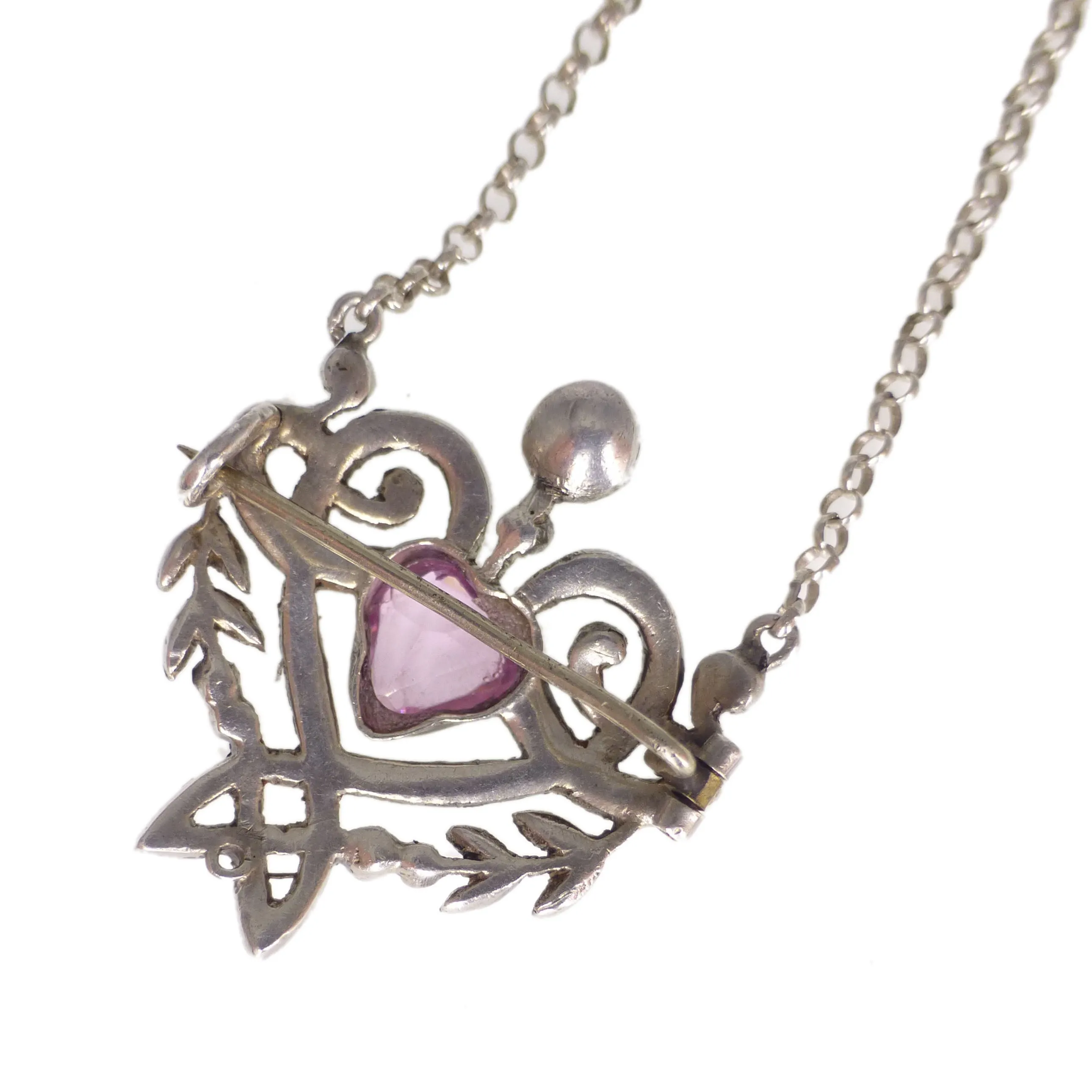 Antique Edwardian Silver Pink Paste Heart Pendant Brooch