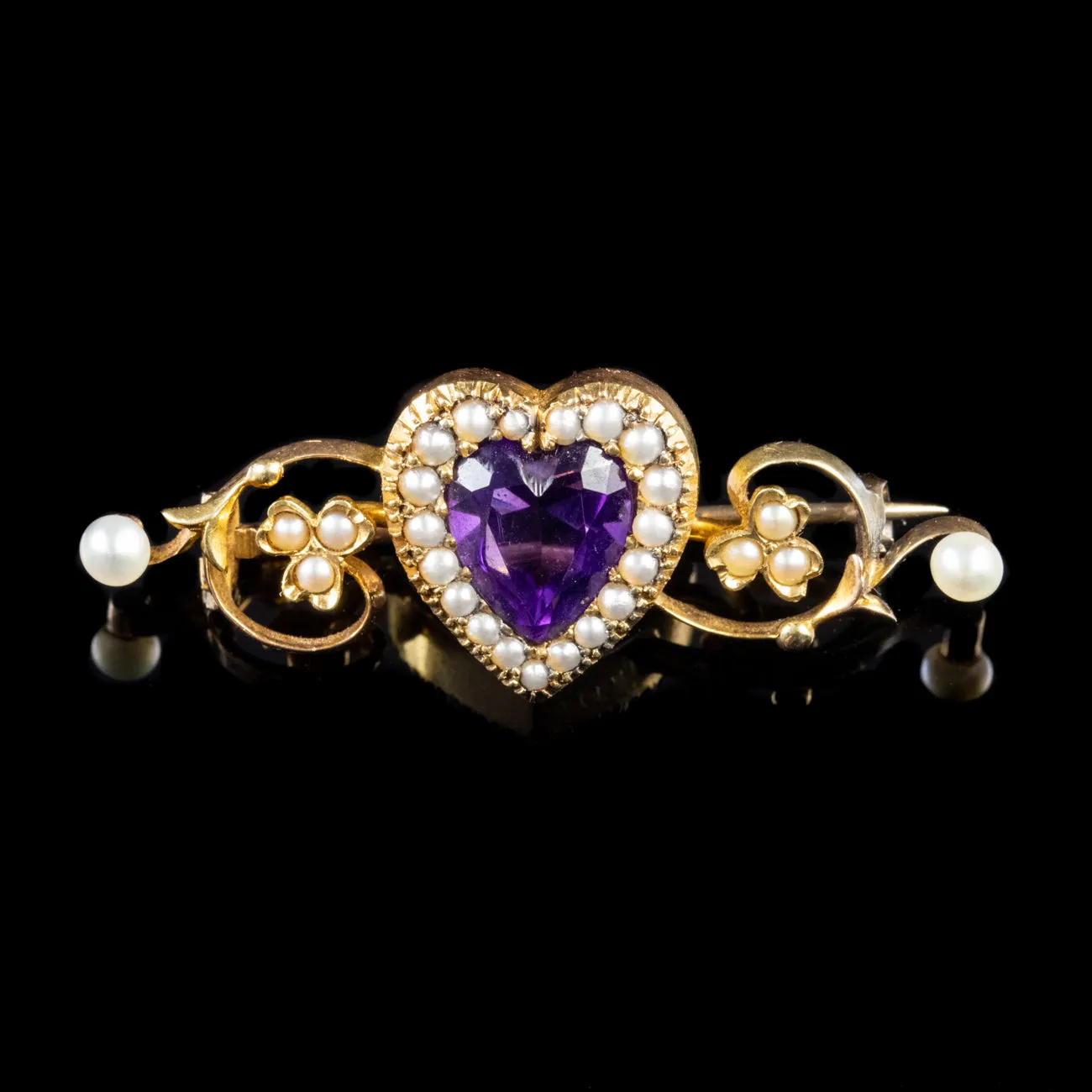 Antique Victorian 2Ct Amethyst Pearl Heart Brooch 15Ct Gold Circa 1880