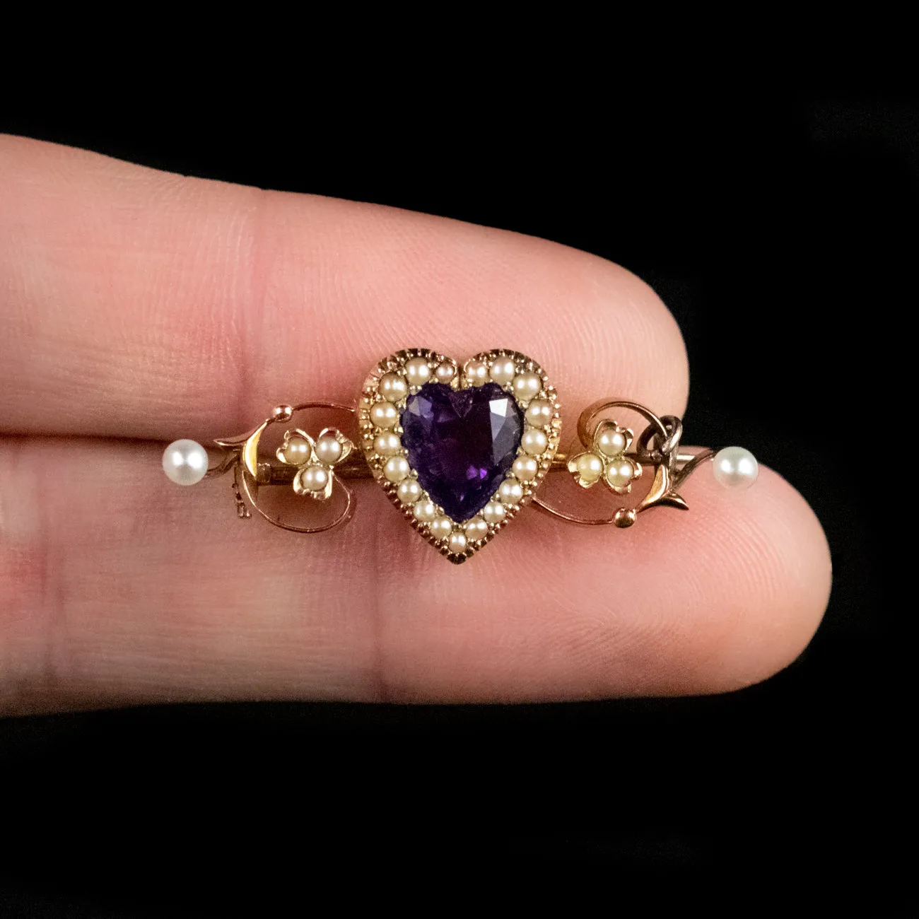 Antique Victorian 2Ct Amethyst Pearl Heart Brooch 15Ct Gold Circa 1880