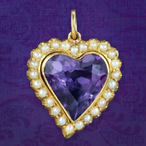 Antique Victorian Amethyst Pearl Witches Heart Pendant 15ct Gold