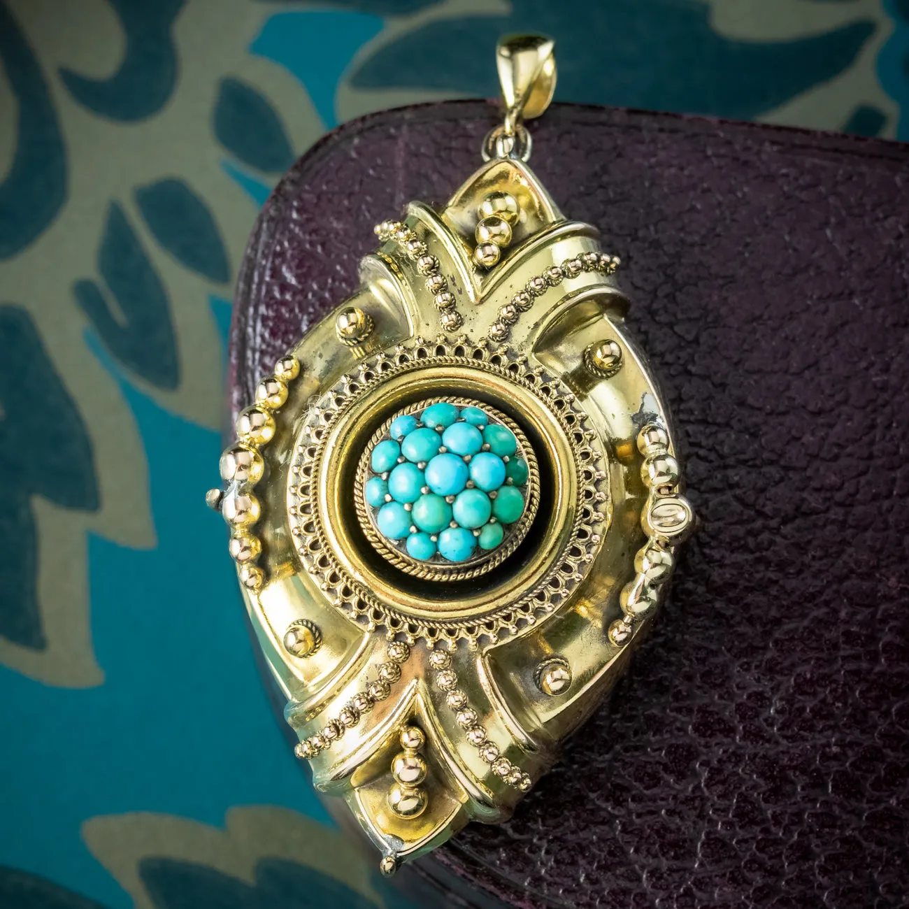 Antique Victorian Etruscan Revival Turquoise Locket 18ct Gold