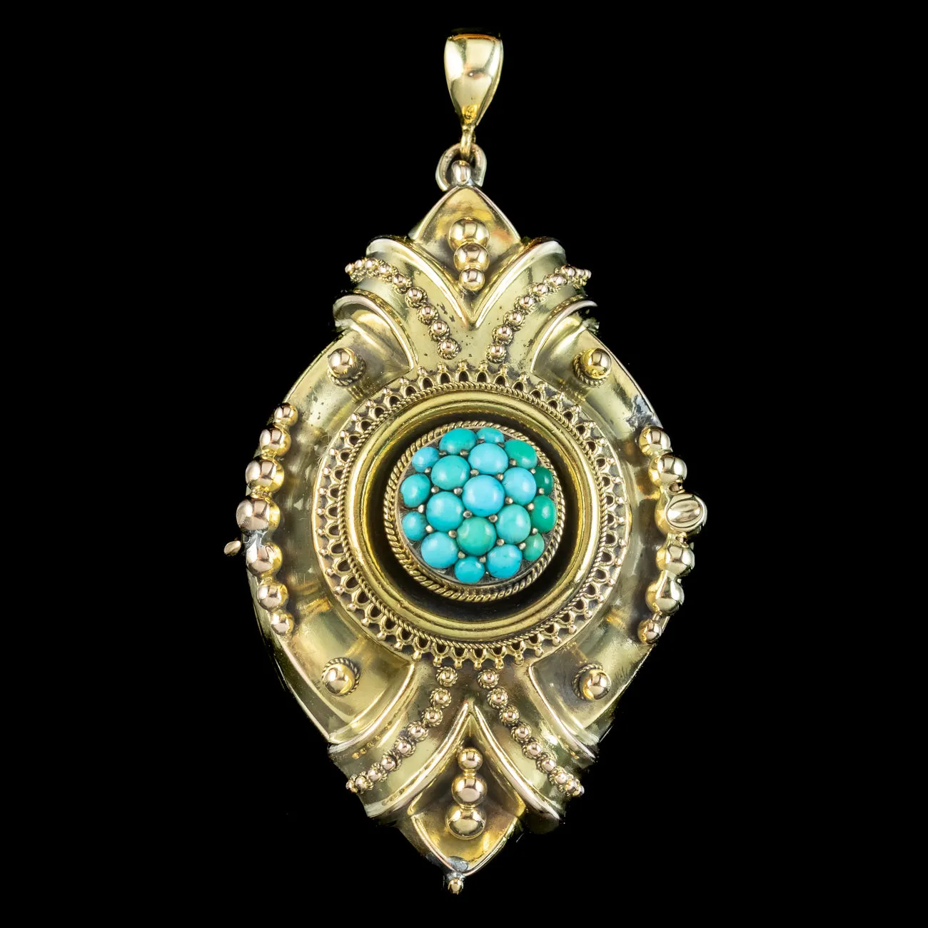 Antique Victorian Etruscan Revival Turquoise Locket 18ct Gold