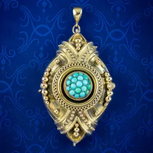 Antique Victorian Etruscan Revival Turquoise Locket 18ct Gold