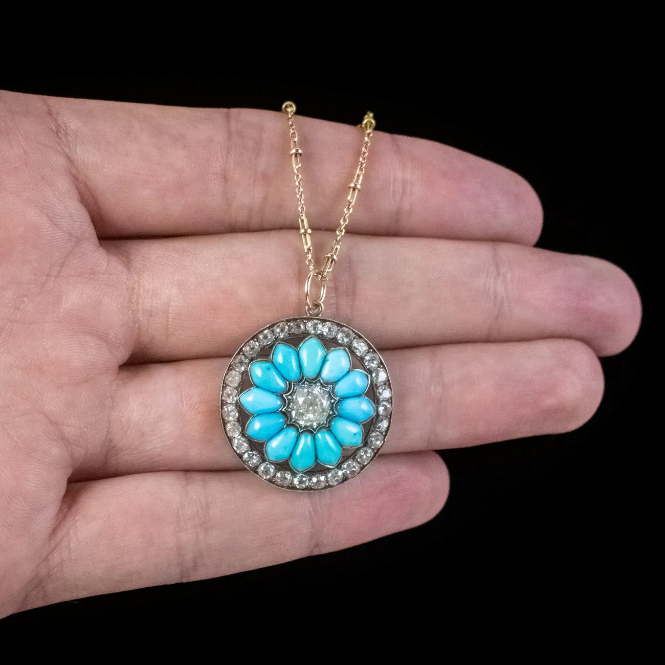 Antique Victorian Turquoise Diamond Pendant Necklace 3.5ct Of Diamond Circa 1900