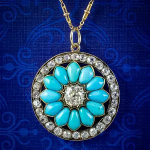 Antique Victorian Turquoise Diamond Pendant Necklace 3.5ct Of Diamond Circa 1900