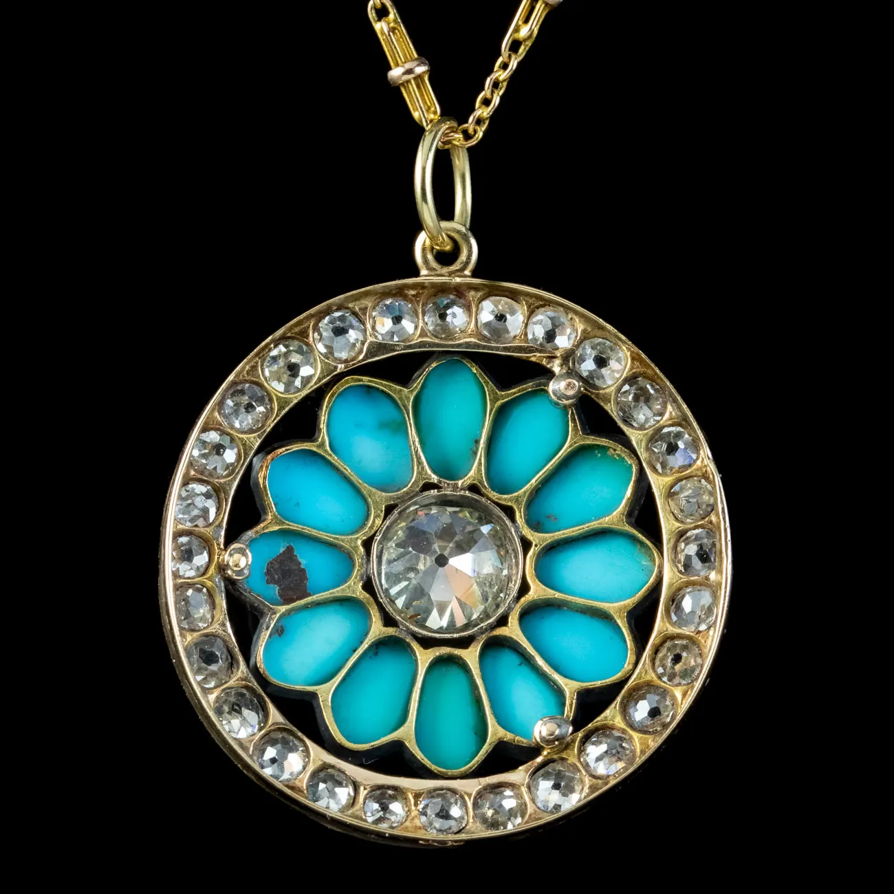 Antique Victorian Turquoise Diamond Pendant Necklace 3.5ct Of Diamond Circa 1900