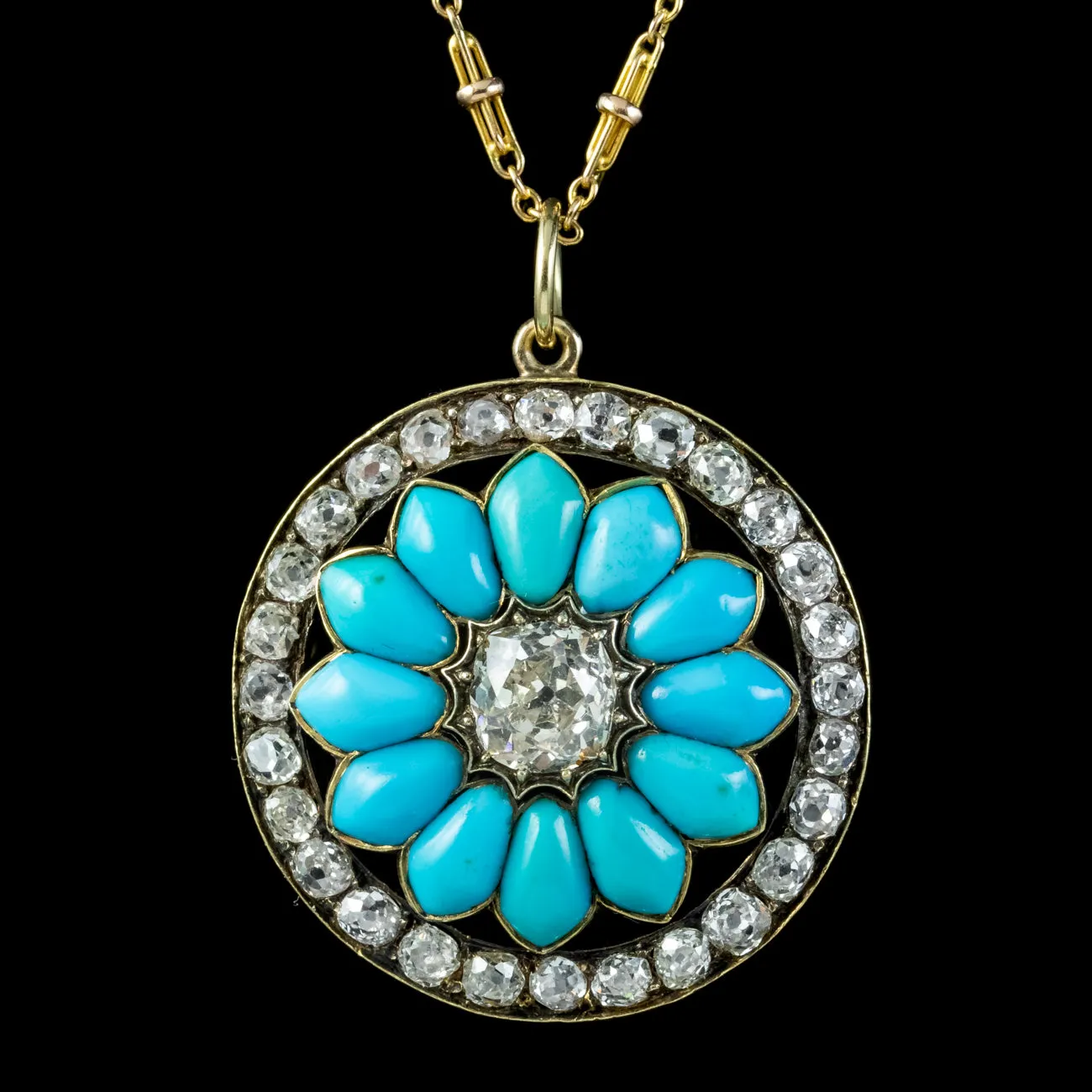 Antique Victorian Turquoise Diamond Pendant Necklace 3.5ct Of Diamond Circa 1900