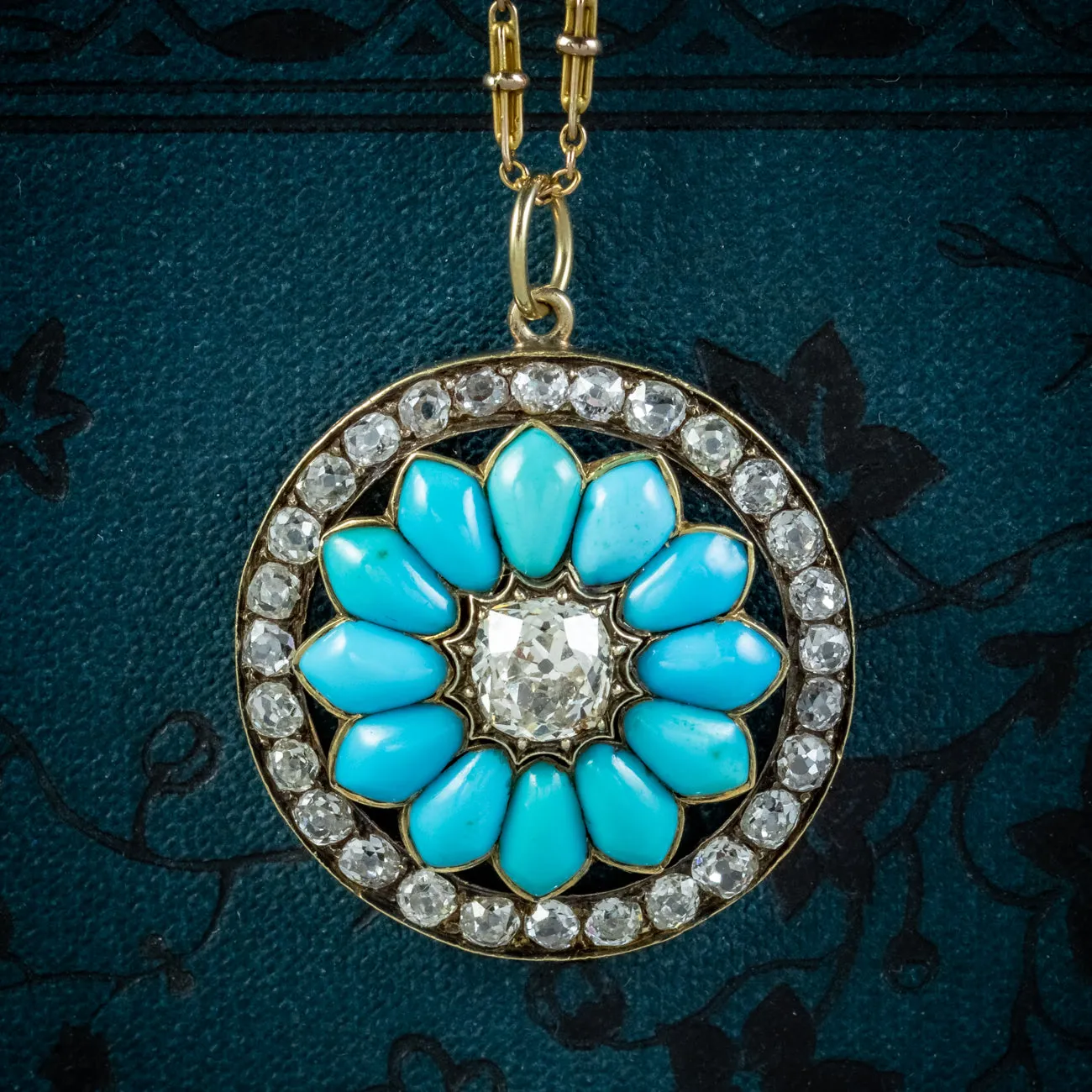 Antique Victorian Turquoise Diamond Pendant Necklace 3.5ct Of Diamond Circa 1900