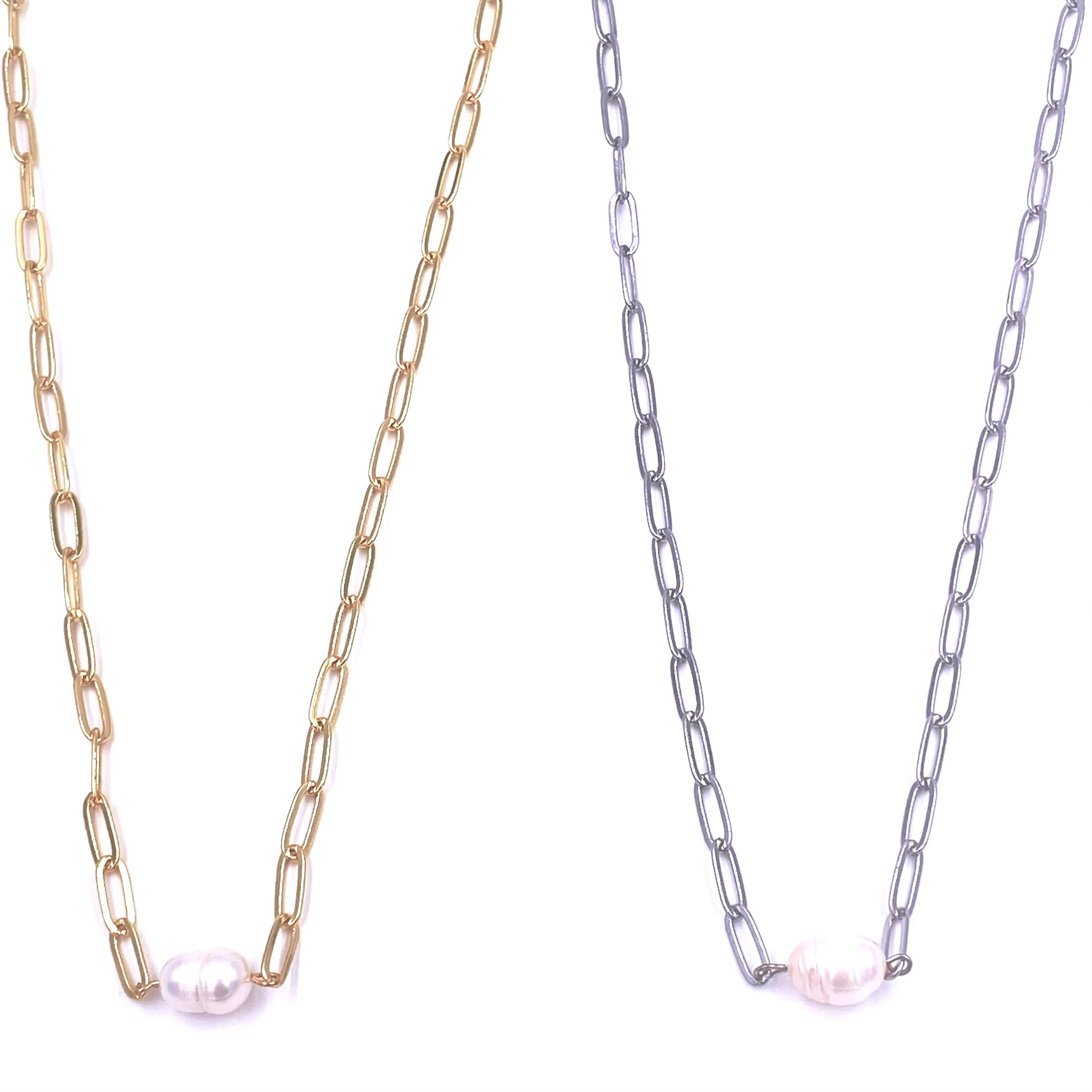 Ashley Gold Stainless Steel Single Pearl Design Link Chain Necklace