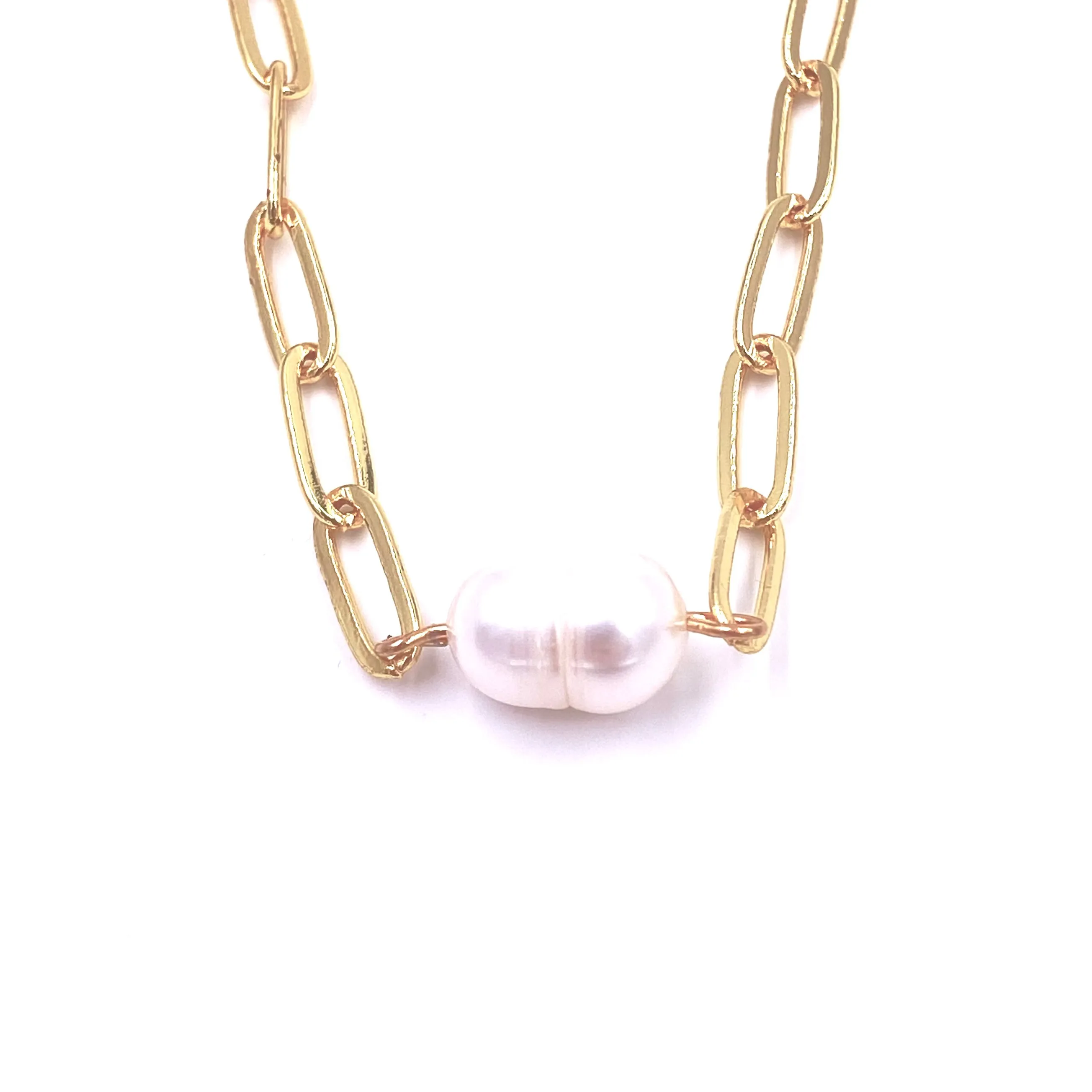 Ashley Gold Stainless Steel Single Pearl Design Link Chain Necklace