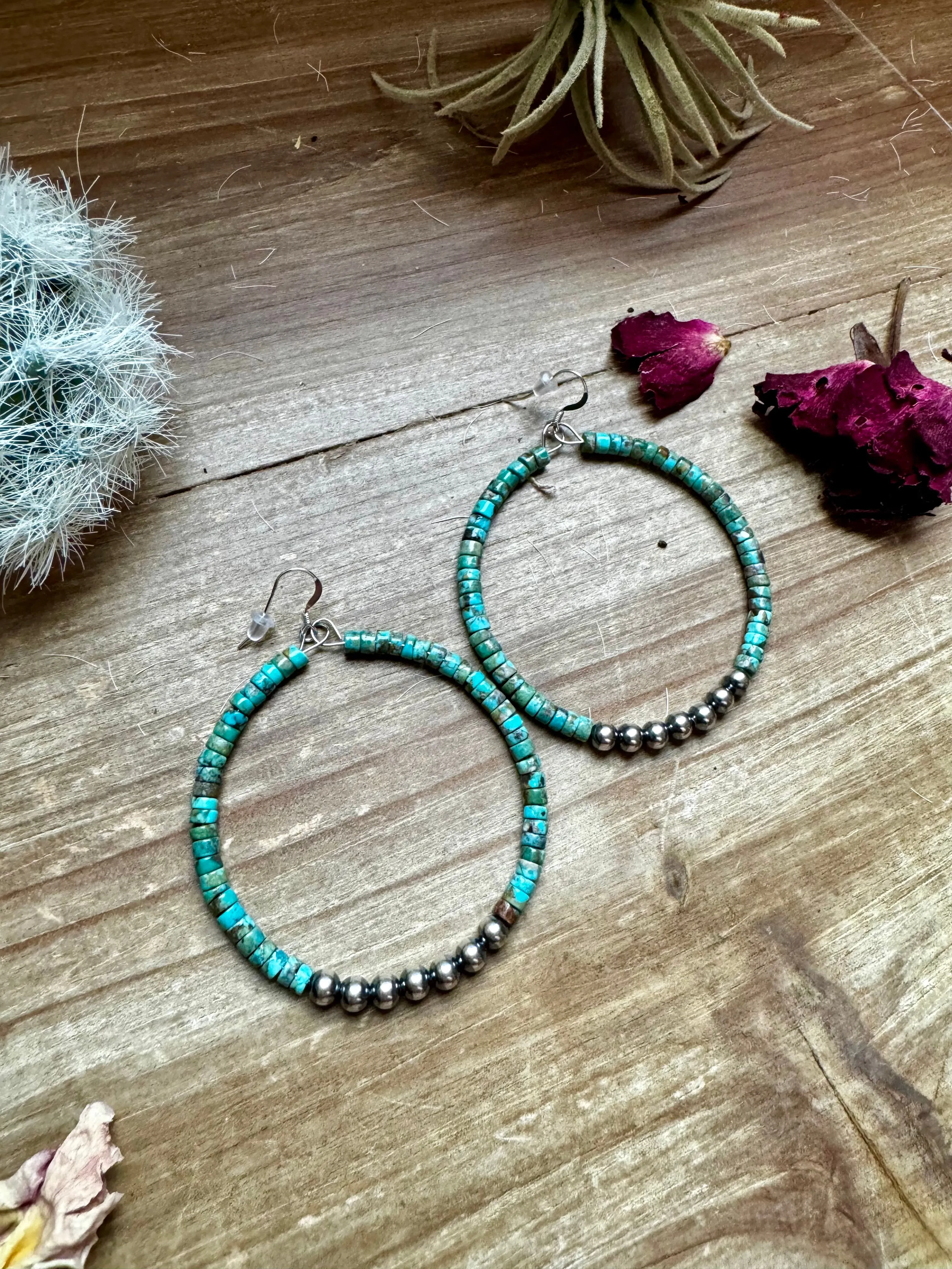 Big turquoise hoops earrings with sterling silver pearl