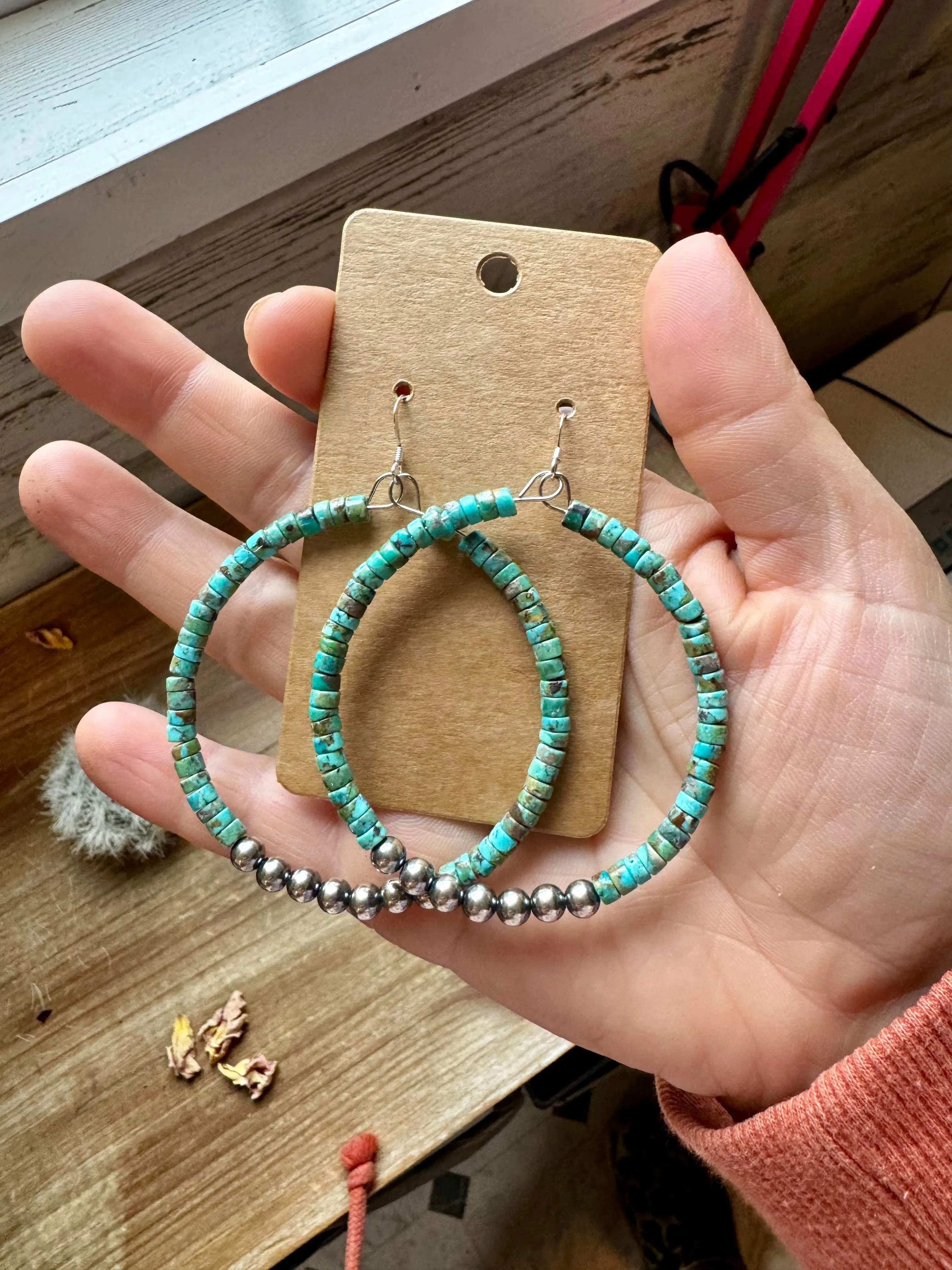 Big turquoise hoops earrings with sterling silver pearl