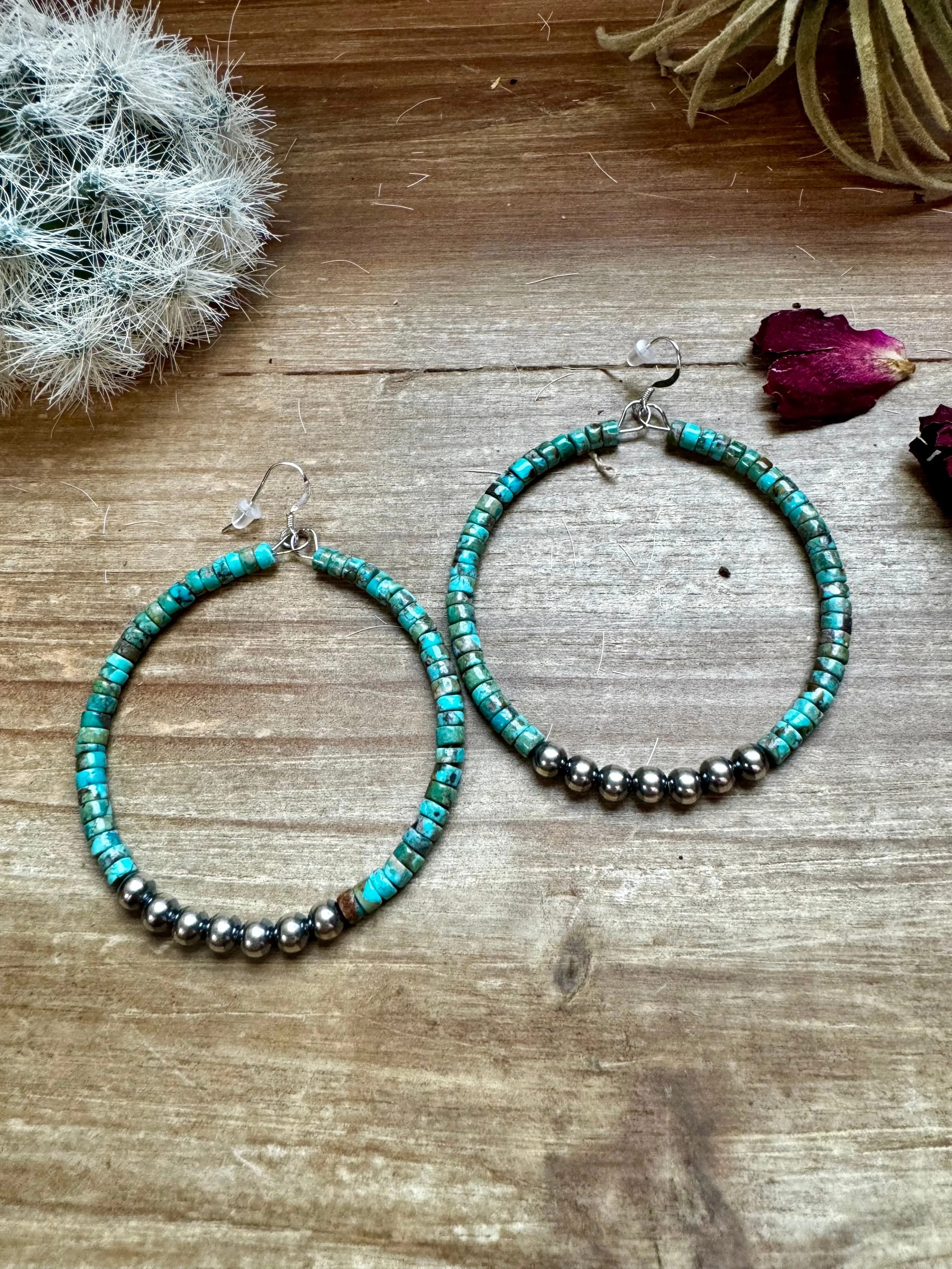 Big turquoise hoops earrings with sterling silver pearl