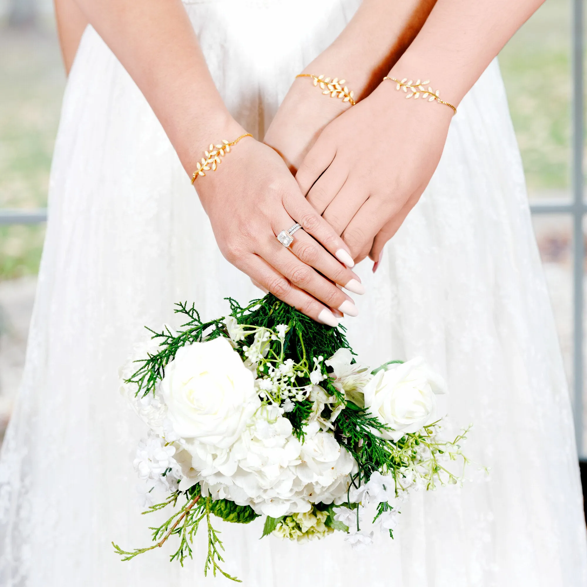 Bridesmaid White Zircon Leaf - Gold Plated Adjustable Bracelet