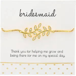 Bridesmaid White Zircon Leaf - Gold Plated Adjustable Bracelet