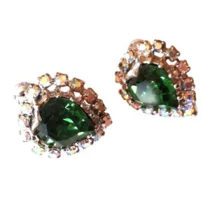 Brilliant Emerald Green Heart Shaped Rhinestone Clip Earrings circa 1950s Coro