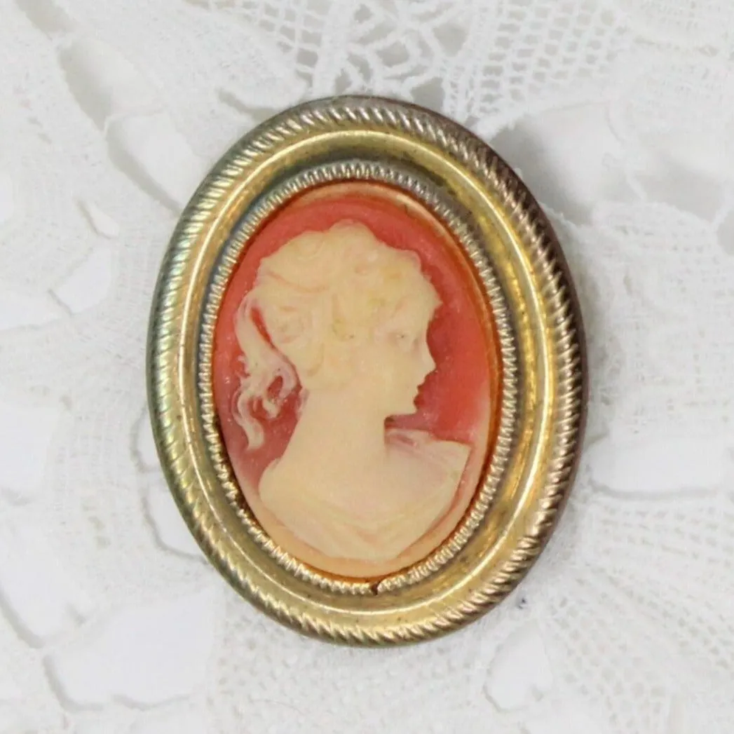 Brooch / Pin, Cameo on Pink/Rose Background, Gold-Tone, Vintage