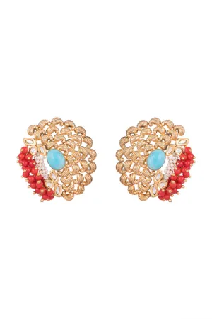 Corals, Pearls & Turquoise Stones Gold Finish Handcrafted Stud Earrings