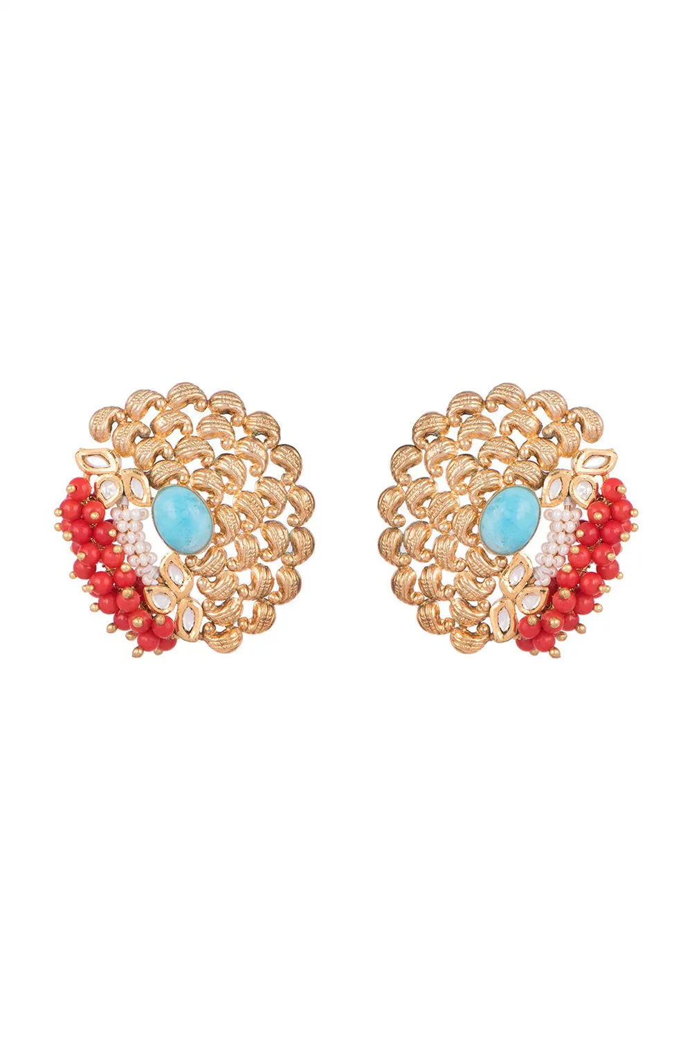 Corals, Pearls & Turquoise Stones Gold Finish Handcrafted Stud Earrings