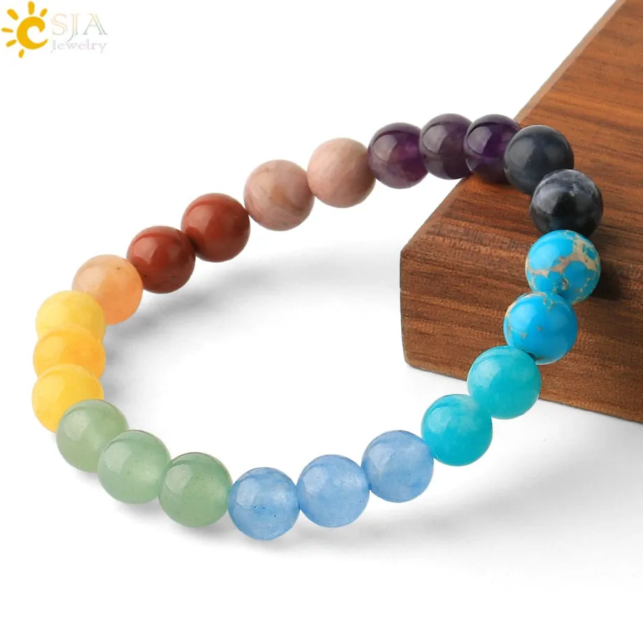 CSJA Healing 7 Chakras Bracelet for Women Natural Stone Crystal Bracelets Femme 2020 Reiki 8mm Round Beads Amulet Bangle S552