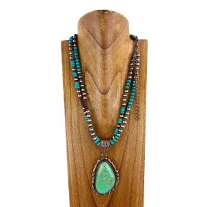 Double Layer Cooper Color Navajo Pearl Necklace (24") with Pear Shape Stone Pendant