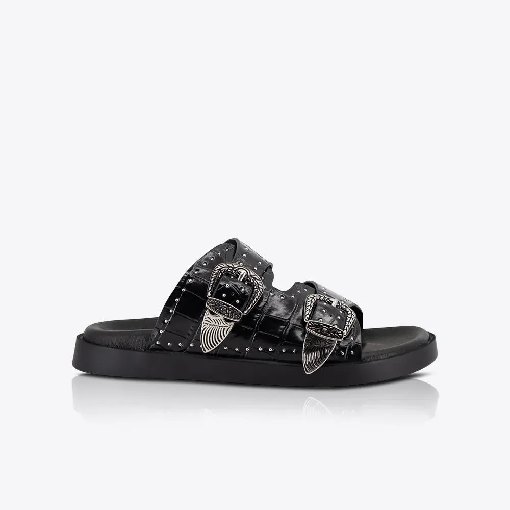 Eastwood Stud Footbed Black Croc/Silver