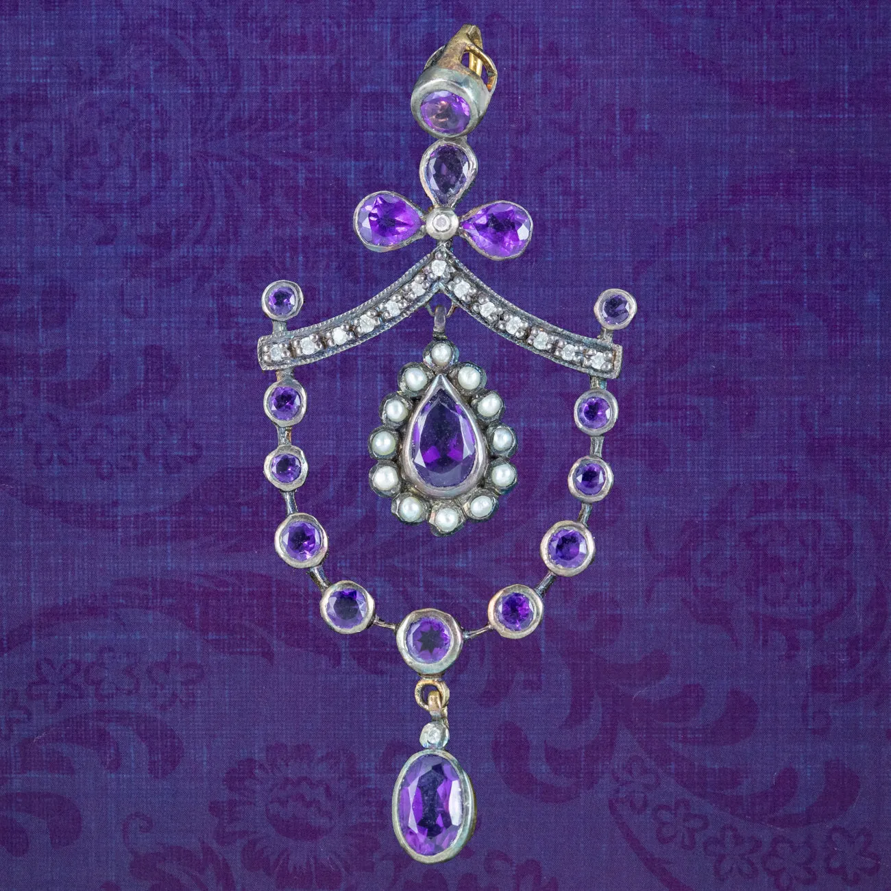 Edwardian Style Amethyst Diamond Pearl Pendant 18ct Gold On Silver