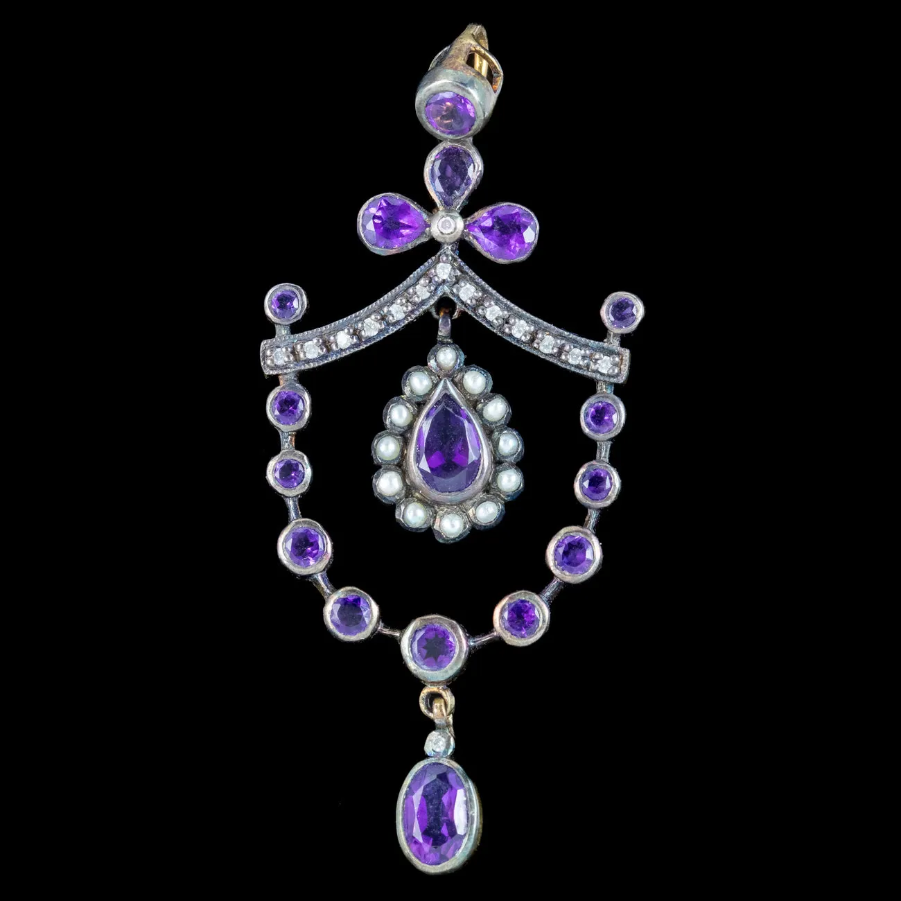 Edwardian Style Amethyst Diamond Pearl Pendant 18ct Gold On Silver