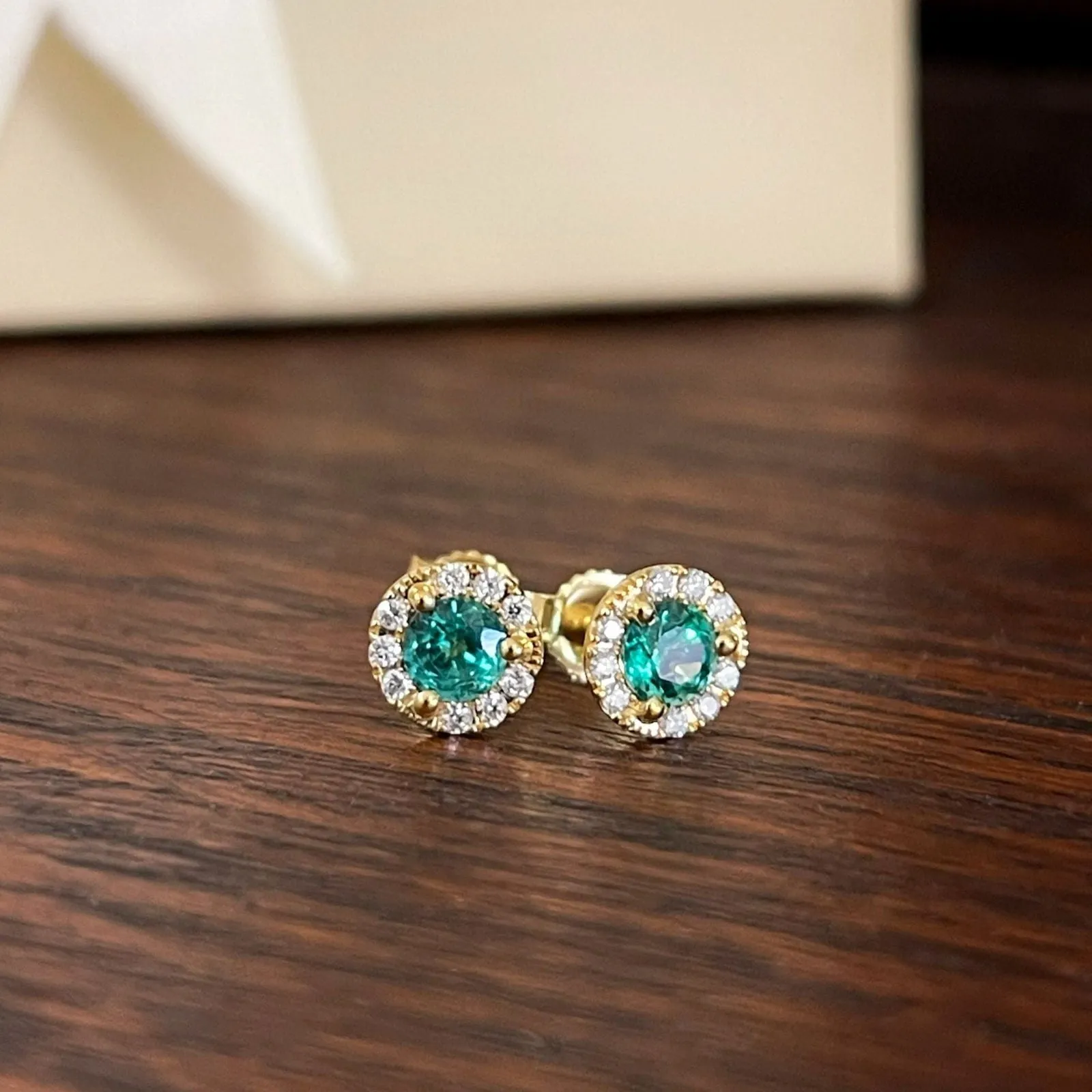 Emerald and Diamond Halo Studs