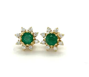 Emerald   Diamond Flower Stud Earrings