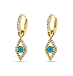 Evil Eye Diamond Turquoise Huggies - 14 karat gold huggie earrings, diamonds 0.45ct, turquoise 0.1ct