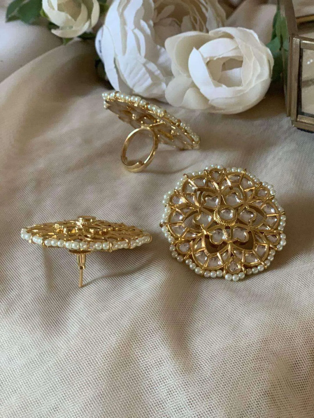 Flower Polki Kundan Studs And Ring