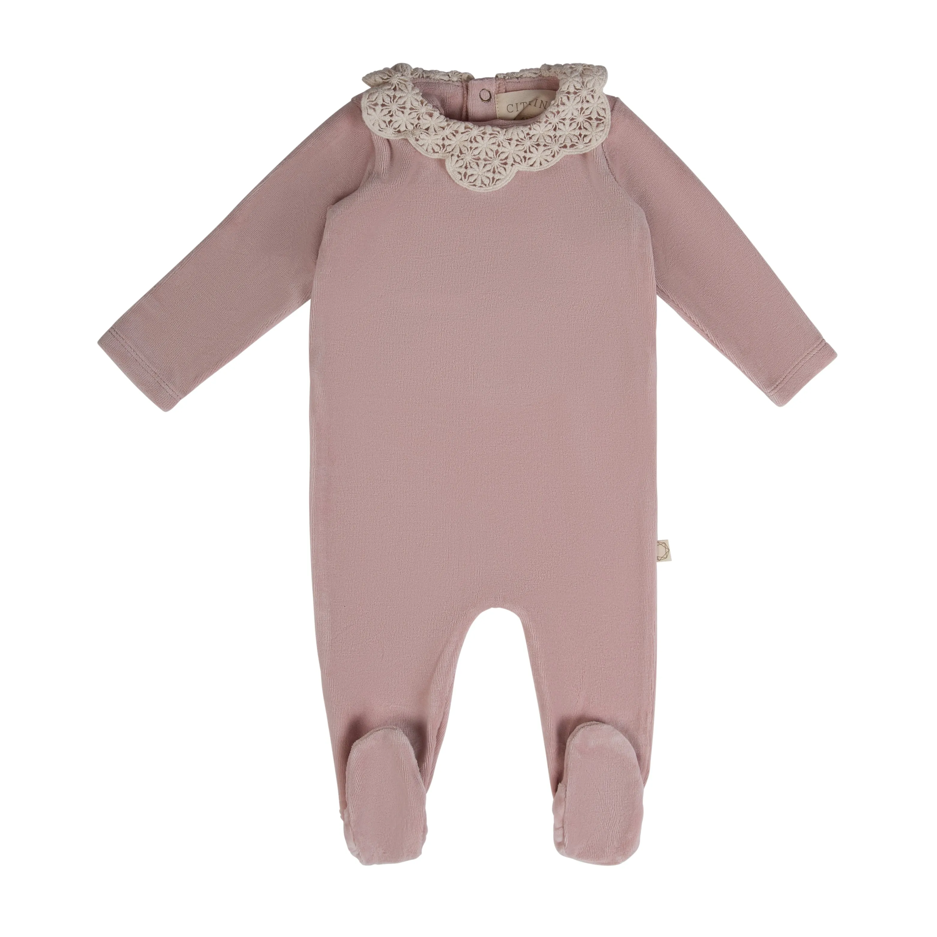 footie lace collar velour with bonnet - misty rose