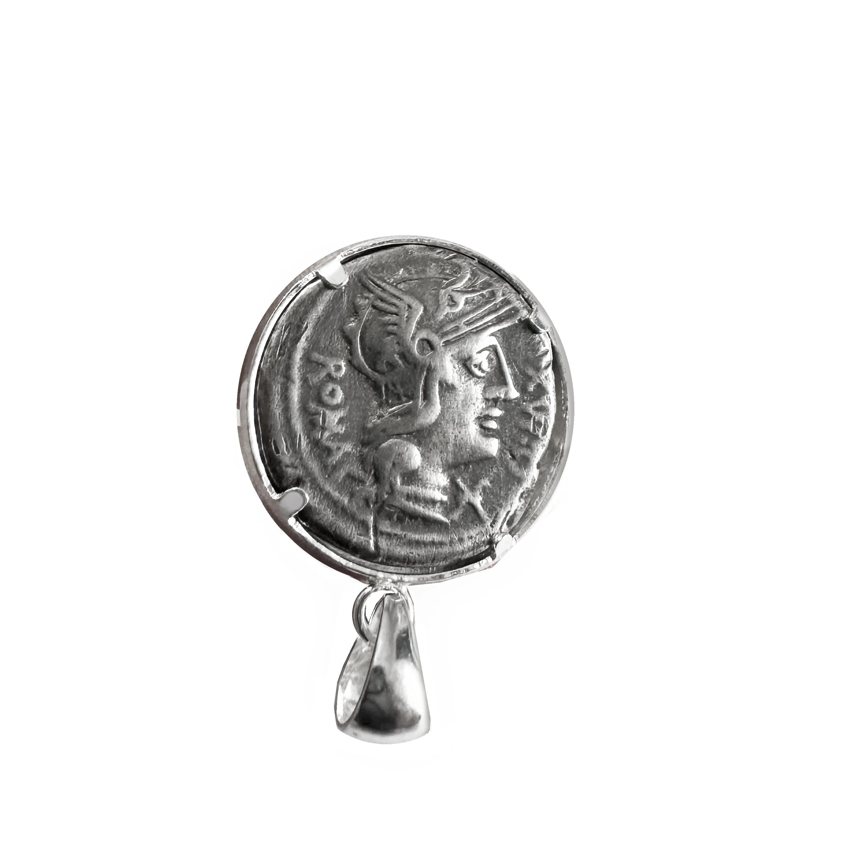 Genuine Ancient Roman coin 2nd century BC Silver Pendant depicting a cornucopia; Goddess Rome in the back