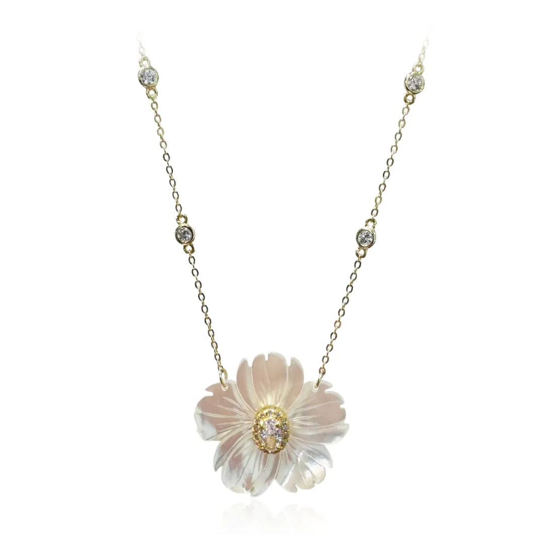 Gold Plated Carved Mother of Pearl Flower Necklace With Bezel-Set CZs on Chain