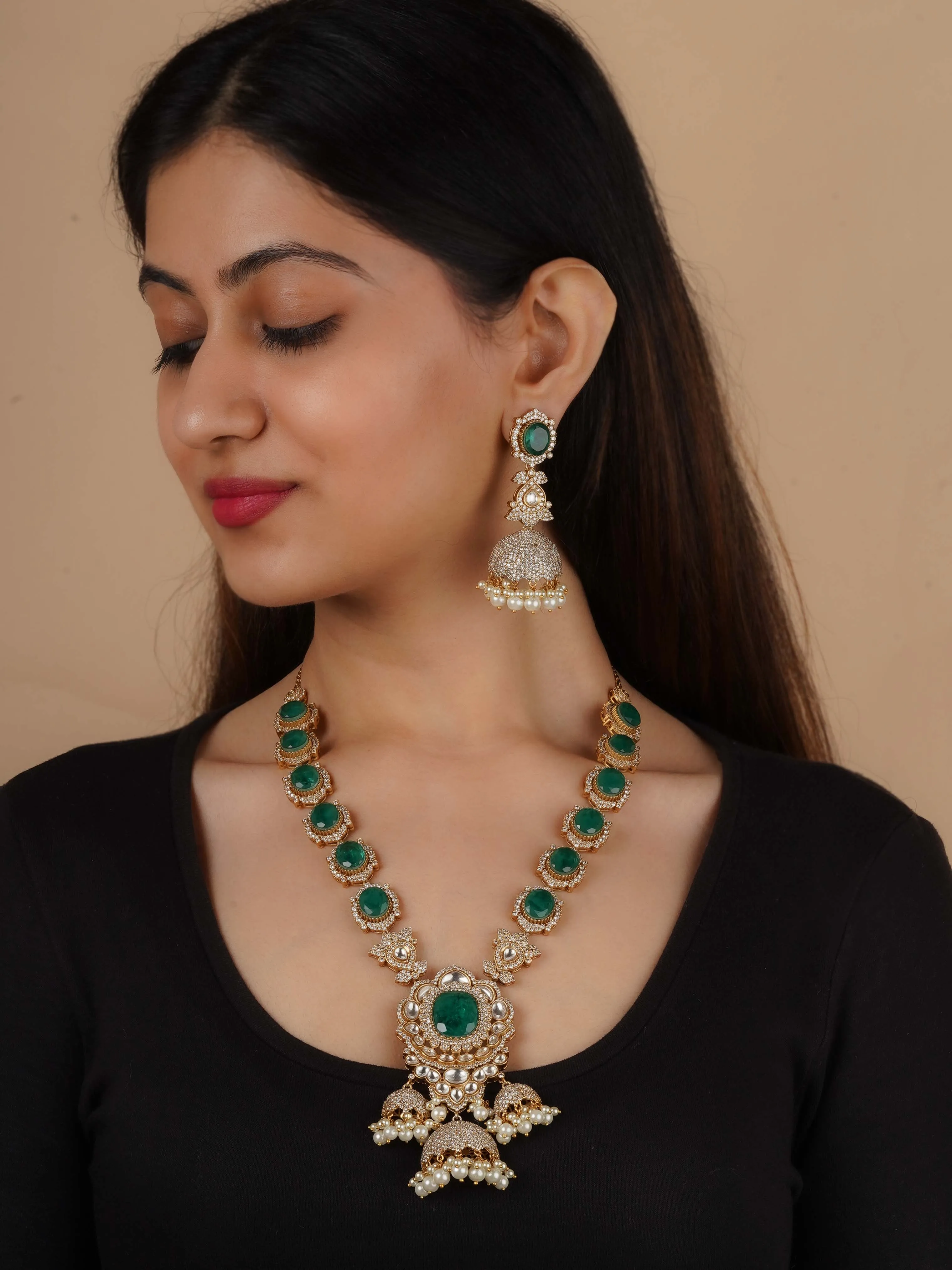 Green Color Gold Plated Faux Polki Necklace Set - PK-S282GR