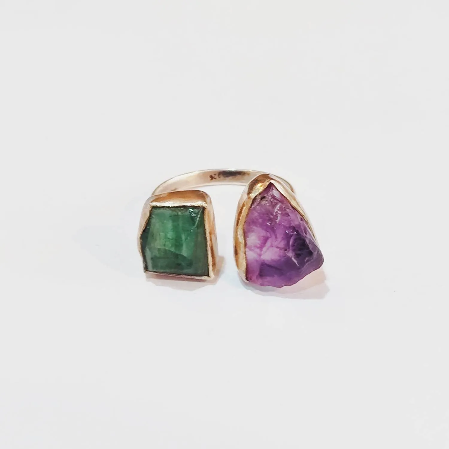 Green Emerald and Amethyst Stone Crystal Ring