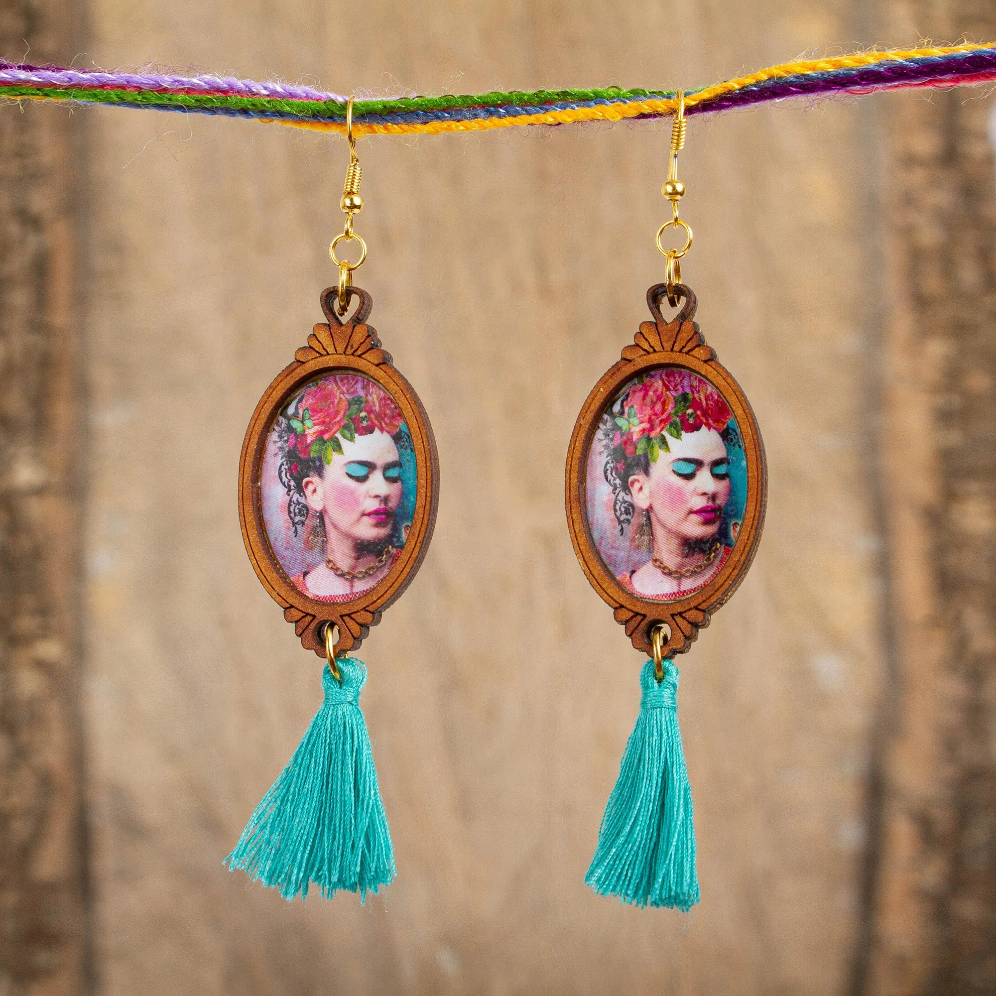 Handcrafted Frida Kahlo Wood Dangle Earrings Aqua Tassels - Brilliant Frida | NOVICA